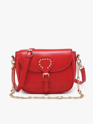 Cherry Red vegan crossbody bag with studded heart flap and chain strap