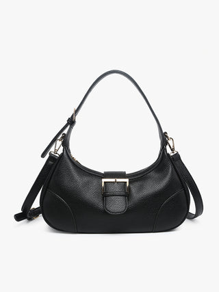 Madrid vegan buckle shoulder bag in black with gold buckle detail and side straps