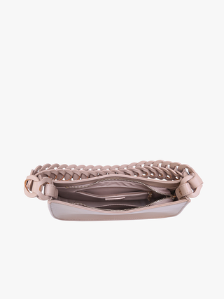 Light pink curved shoulder bag interior view with zip top and chain strap