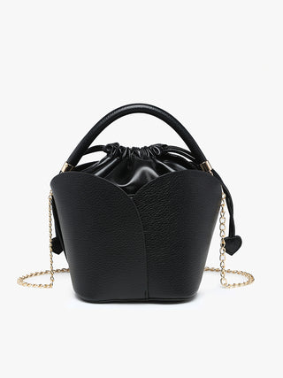 Black vegan petal bucket bag with ruched drawstring top, textured finish, gold chain straps
