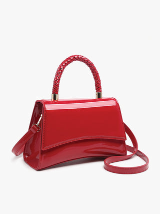 Wine crossbody bag, braided handle, adjustable strap, front flap with clasp