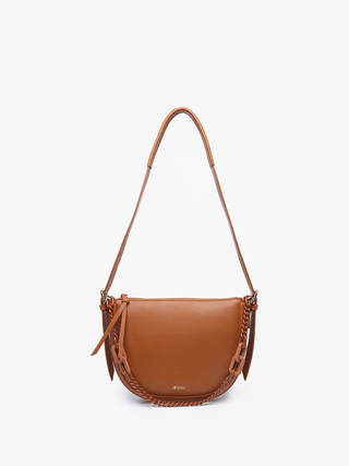 Brown vegan chain saddle bag with chain shoulder strap and tassel side ties