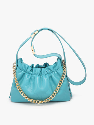 Ruched vegan bucket bag in aquamarine with gold chain strap and ruched gathered front