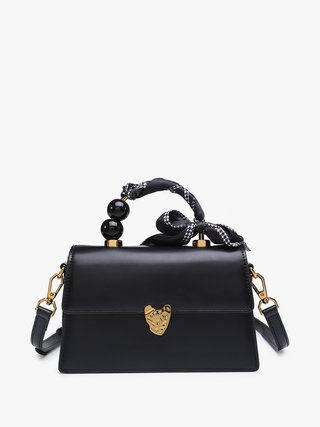 Venice Vegan Pearl crossbody in black with patterned bow and beaded top handle