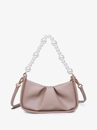 Taupe Ibiza vegan pearl shoulder bag with bow front and pearl handle with side straps.