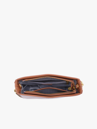 Vegan chain saddle bag, light brown open interior with zipper and fabric lining