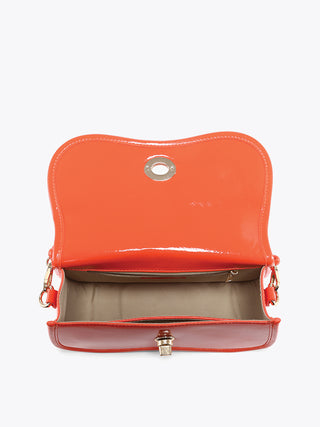 Osaka vegan crossbody orange open view: flap and fabric lining with top clasp hardware
