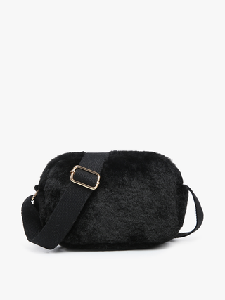 Black faux fur belt bag with adjustable strap and gold-tone rectangular buckle