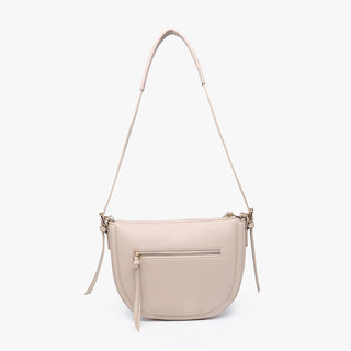 Delhi vegan chain saddle bag, Lt. Sand with front zipper pocket and short tassel ties