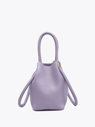 Periwinkle bucket bag front view with structured faux-leather texture