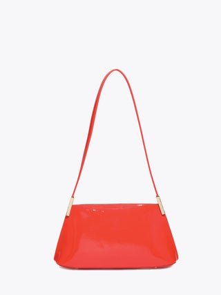 Flame red vegan shoulder bag with curved strap handles and metal clasp tabs
