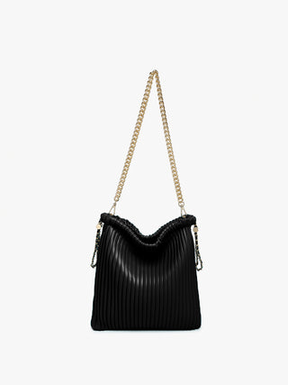 Black pleated bucket bag with gold chain strap and drawstring-style top