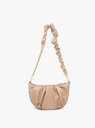 Stockholm vegan ruched shoulder bag in Sand with gold chain strap, gathered top.