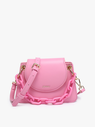 Bubblegum pink vegan chain satchel with front flap, gold hardware, and link strap