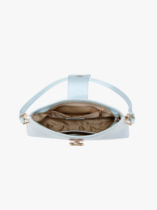 Baby Blue glossy shoulder bag open view, showing beige fabric lining and zip pocket.
