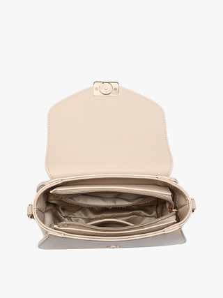 Beige satchel with flap open, showing interior lining and inner zip pocket