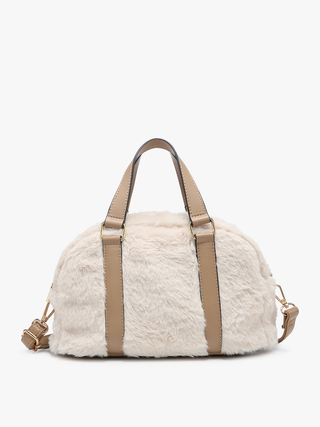 Sherpa Boston bag in cream/ivory with tan straps, gold-tone clips on the sides