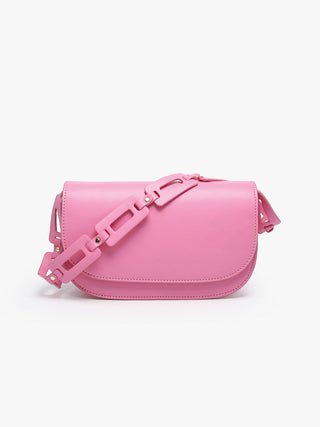 Tripoli vegan shoulder bag, bubblegum pink, front flap with adjustable strap detail