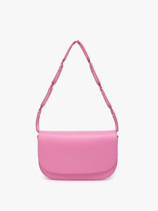 Tripoli vegan shoulder bag, bubblegum pink, front view with curved flap and top handle