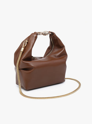 Chocolate brown mini satchel with gold chain handle, side zippers, and adjustable crossbody strap