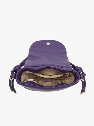 Dark Purple open shoulder bag interior view with top flap and inner lining pocket