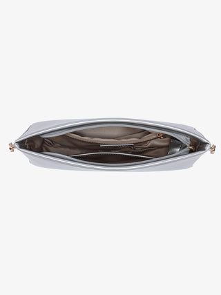 Silver shoulder bag open view showing interior and top zipper, laid flat.