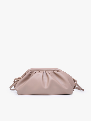 Kyoto vegan pleated shoulder bag in taupe, front view with ruched top opening