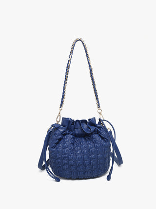 Dark blue ruched bucket bag with braided chain handles and drawstring cord ends