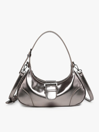 Metallic silver vegan buckle shoulder bag with front buckle tab and twin side handles