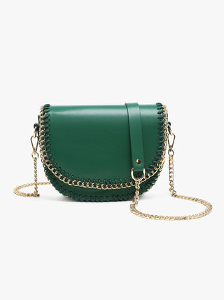 Forest green chain-trim crossbody bag with curved flap and gold-tone shoulder chain