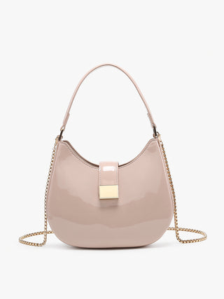 Beige glossy crossbody bag with gold chain strap and front square lock closure