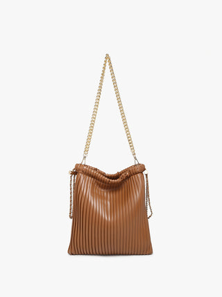 Brown pleated bucket bag with gold chain shoulder strap and ruched top