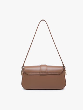 Brown vegan shoulder bag with flap, center buckle clasp, and side attachment hardware