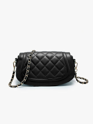 Black quilted vegan crossbody bag with chain strap and curved flap front.