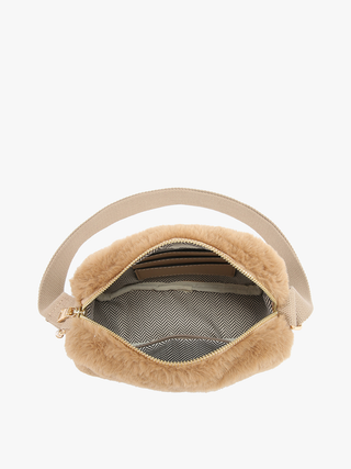 Off-white faux fur belt bag interior with striped lining and top zipper opening