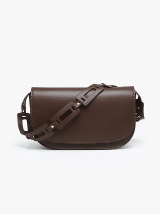 Tripoli vegan shoulder bag, brown, front flap with adjustable strap and metal hardware