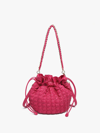 Pink (sangria) ruched vegan bucket bag with chain straps and drawstring cord toggles