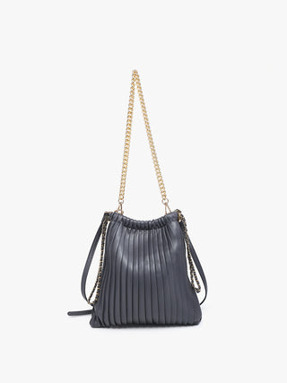 Dark grey pleated bucket bag with gold chain strap and side tassels