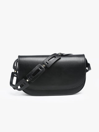 Tripoli vegan shoulder bag, black, front flap with adjustable strap and metal hardware