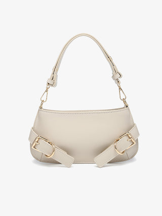 Greige vegan shoulder bag with two gold buckles and adjustable chain handles
