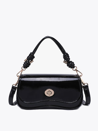 Osaka vegan crossbody black with glossy flap front and braided handles