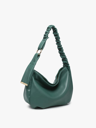 Jakarta vegan slouchy shoulder bag - dark fern, side view, ruched braided handle