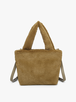 Brown fuzzy vegan satchel with short top handles and side straps