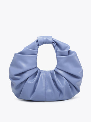 Deep periwinkle vegan ruched satchel with ring handle and gathered body