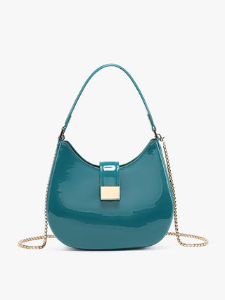 Teal glossy crossbody bag with gold chain strap and front square clasp