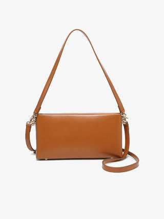 Mocha brown shoulder bag with top handles and chain-strap hardware, front view.