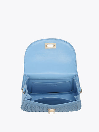 Baby Blue vegan satchel interior with top zipper pocket and flat base