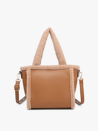 Tan/brown Helsinki vegan sherpa trim satchel with gold hardware and two carry handles