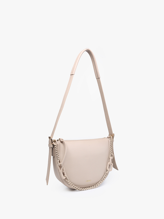 Delhi vegan chain saddle bag, Lt. Sand color with chain crossbody strap and side ties