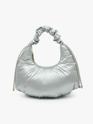 Shanghai Vegan Puffy Shoulder Bag in Pale Mint with ruched handle and gold zipper pulls